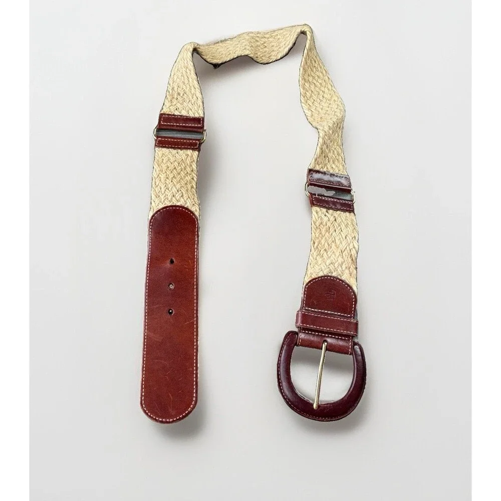 Lauren Ralph Lauren Woven Raffia Leather Wide Belt Women Size M Brown Boho RLL